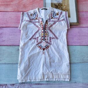 Zara Basic White Embroidered Boho V-Neck Tunic Mini Dress Size‎ Large
